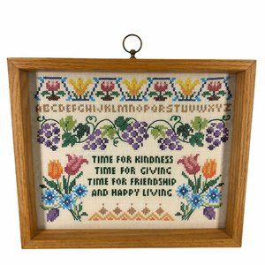 Vintage Sampler Framed Cross Stitch Floral 70's